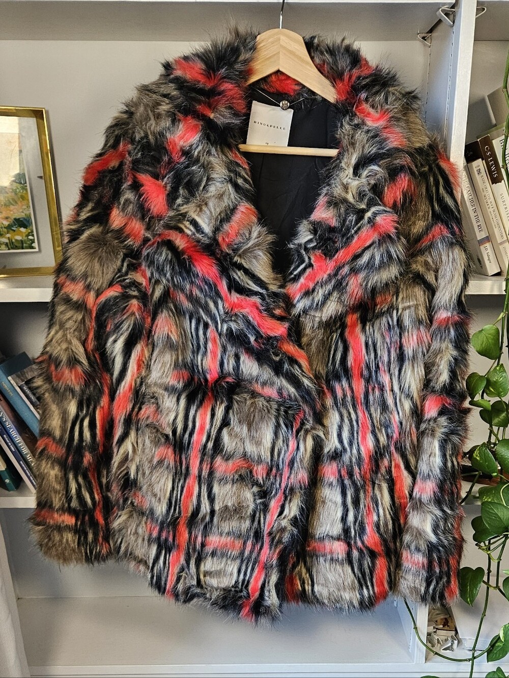 Faux Fur Plaid Jacket in Black Gray Red - Designer Style Size 38 Medium Glam